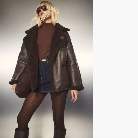 Oversized Faux Leather Bomber Jacket in Chocolate - Picture 1 of 5